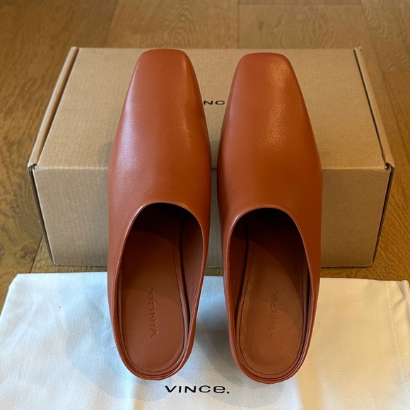Vince Leather Benita Square Toe Slip On Clog Wedge Heel Pumps (Rust Amber) - Picture 8 of 16